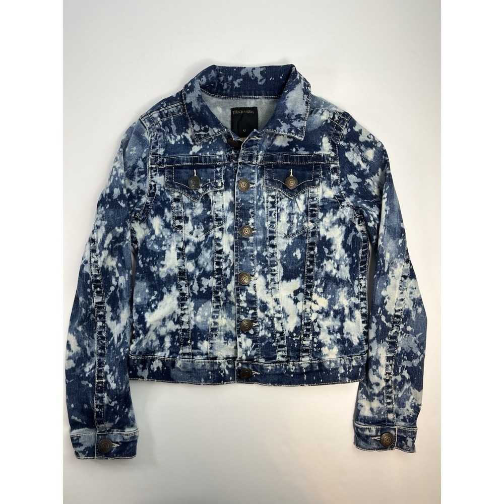 True Religion Denim Jean Jacket Youth Medium Distressed Acid Wash Blue White